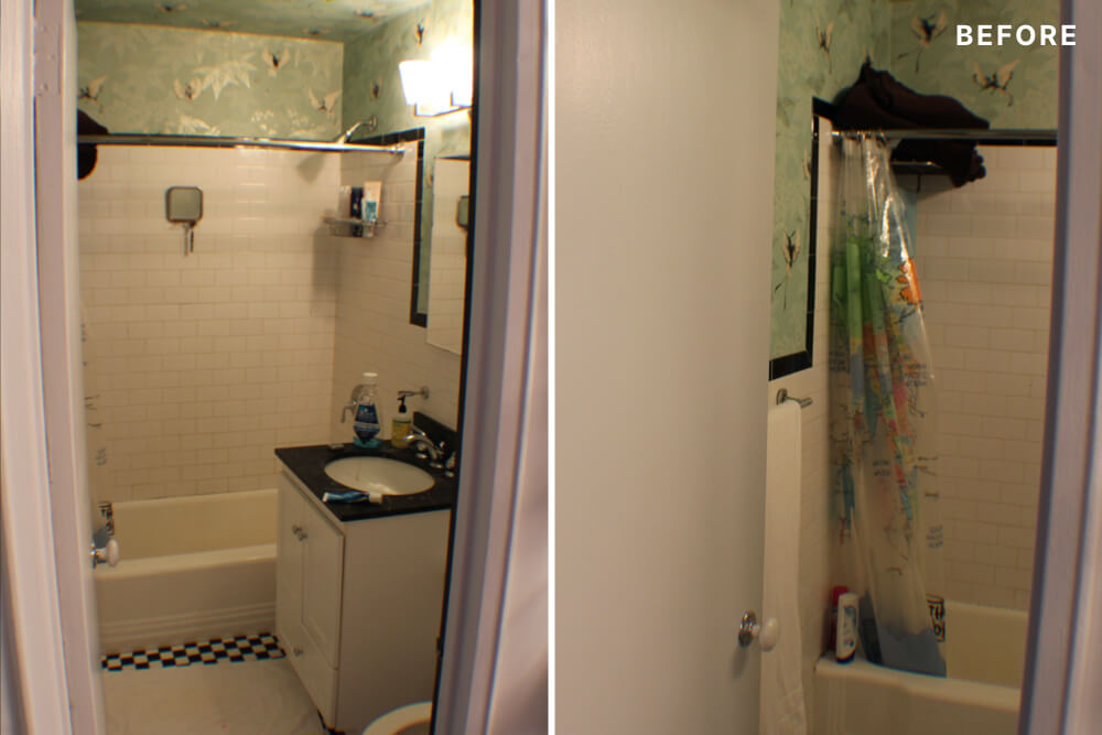 Beige and white bathroom with vanity and sink and green wallpaper before renovation