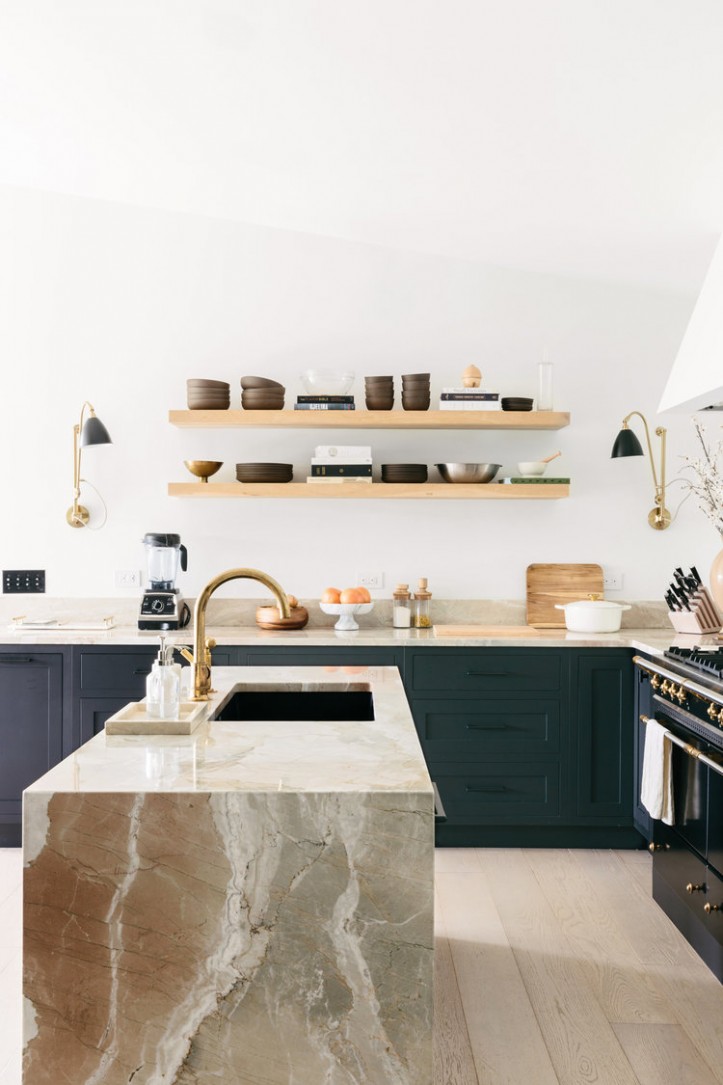 kitchen, waterfall island, mineral-inspired, blue cabinets, brass hardware, open shelving