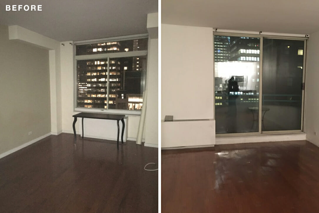 millennial apartment renovation, manhattan renovation, before, living room, sliding doors