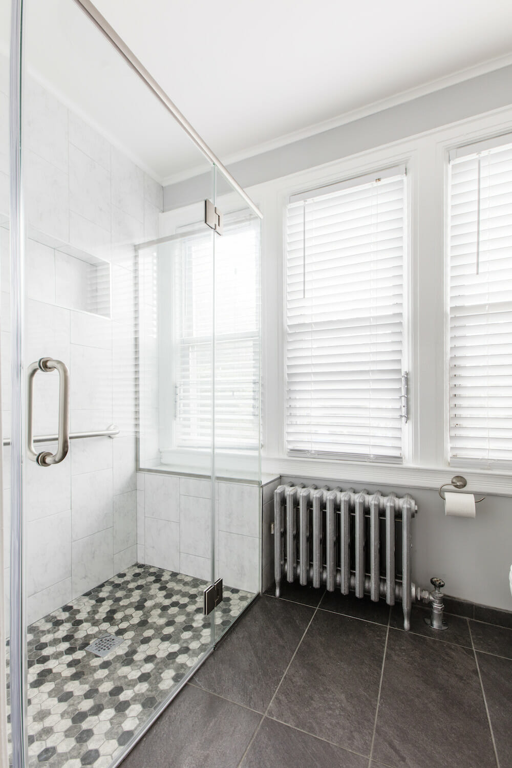 This curbless shower makes it easy to access for wheel-chair or walker-bound individuals