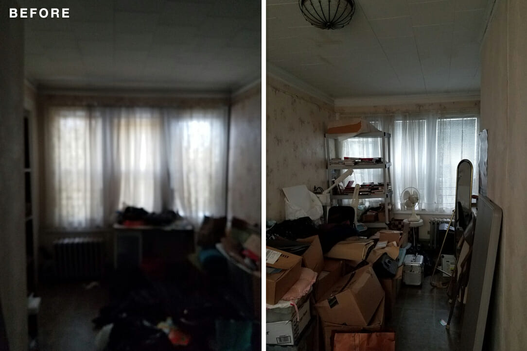 two images of a cluttered room with window and flush mounted ceiling light before renovation