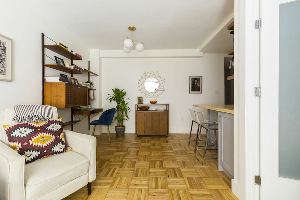Clinton Hill, Brooklyn, renovation, living room, parquet floors