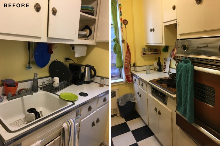 two images of kitchen with yellow walls and white cabinets and porcelain overmount sink and stainless steel appliances and checker board tiles on floor before renovation