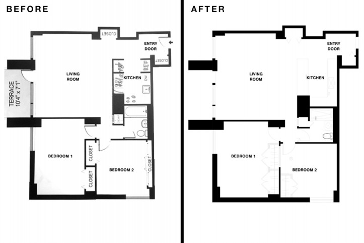 floor plan sketch of rooms before and after renovation