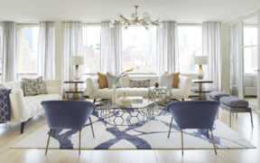 White and blue furniture decorate with gold accents Manhattan renovation