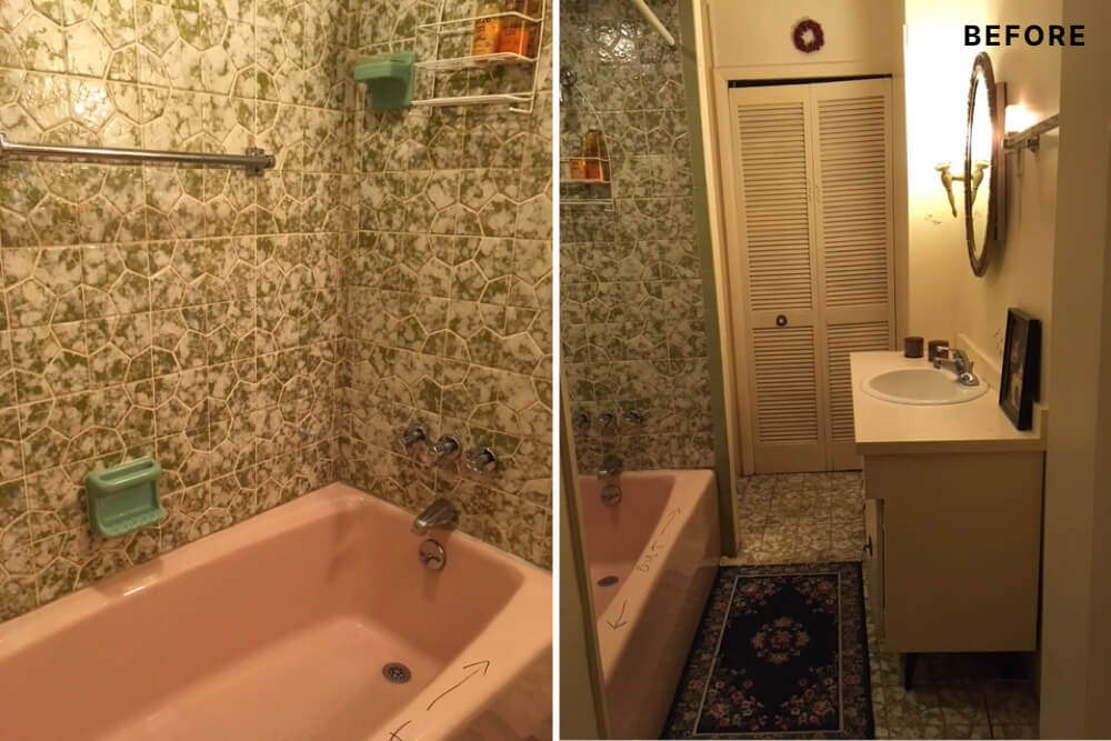 Brown tiled bathroom with pink bathtub before renovation