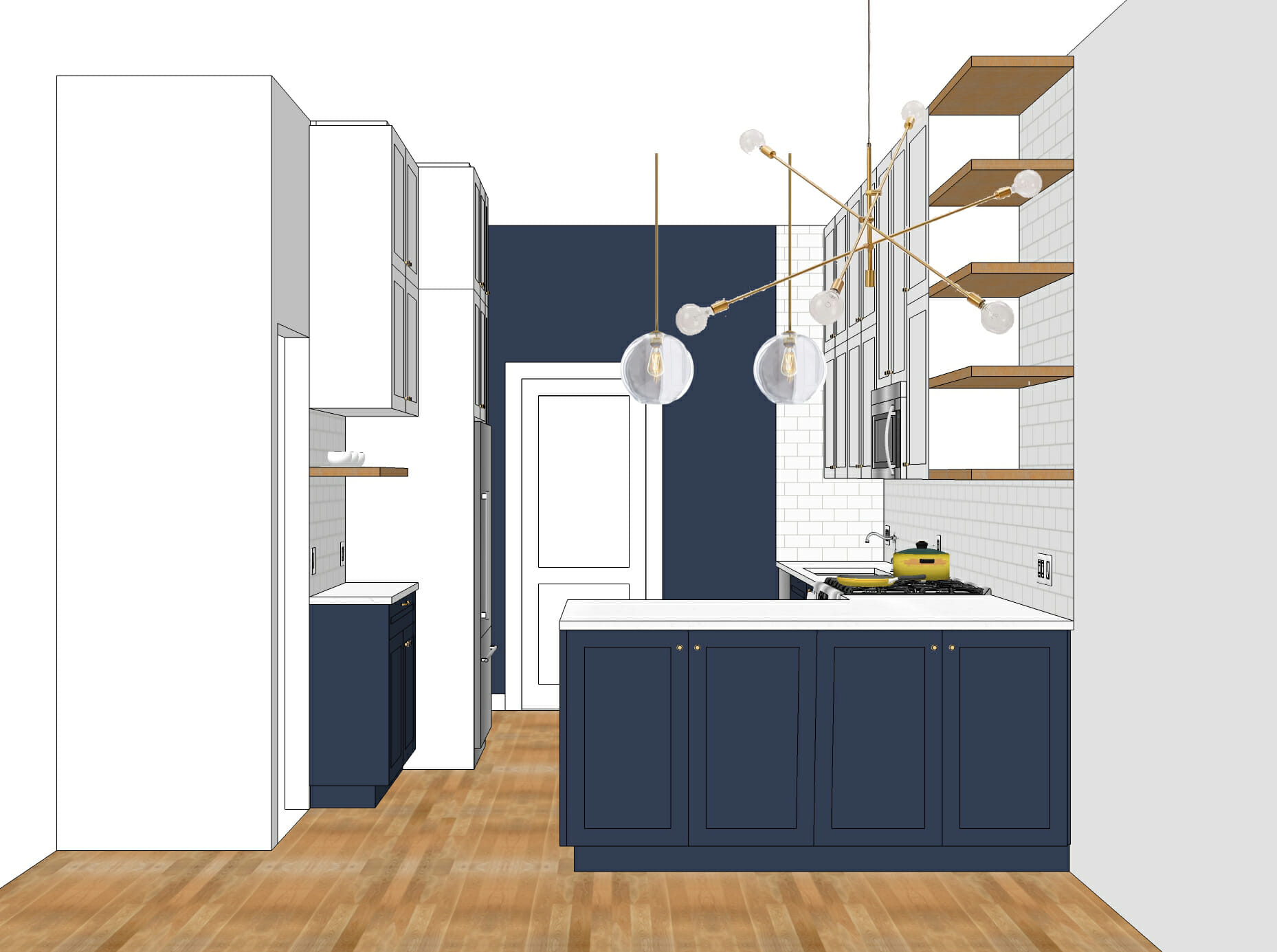 graphic rendering of kitchen with white overhead cabinets and navy blue under counter cabinets and floating wooden shelves and hardwood floors and contemporary chandelier in dining before renovation