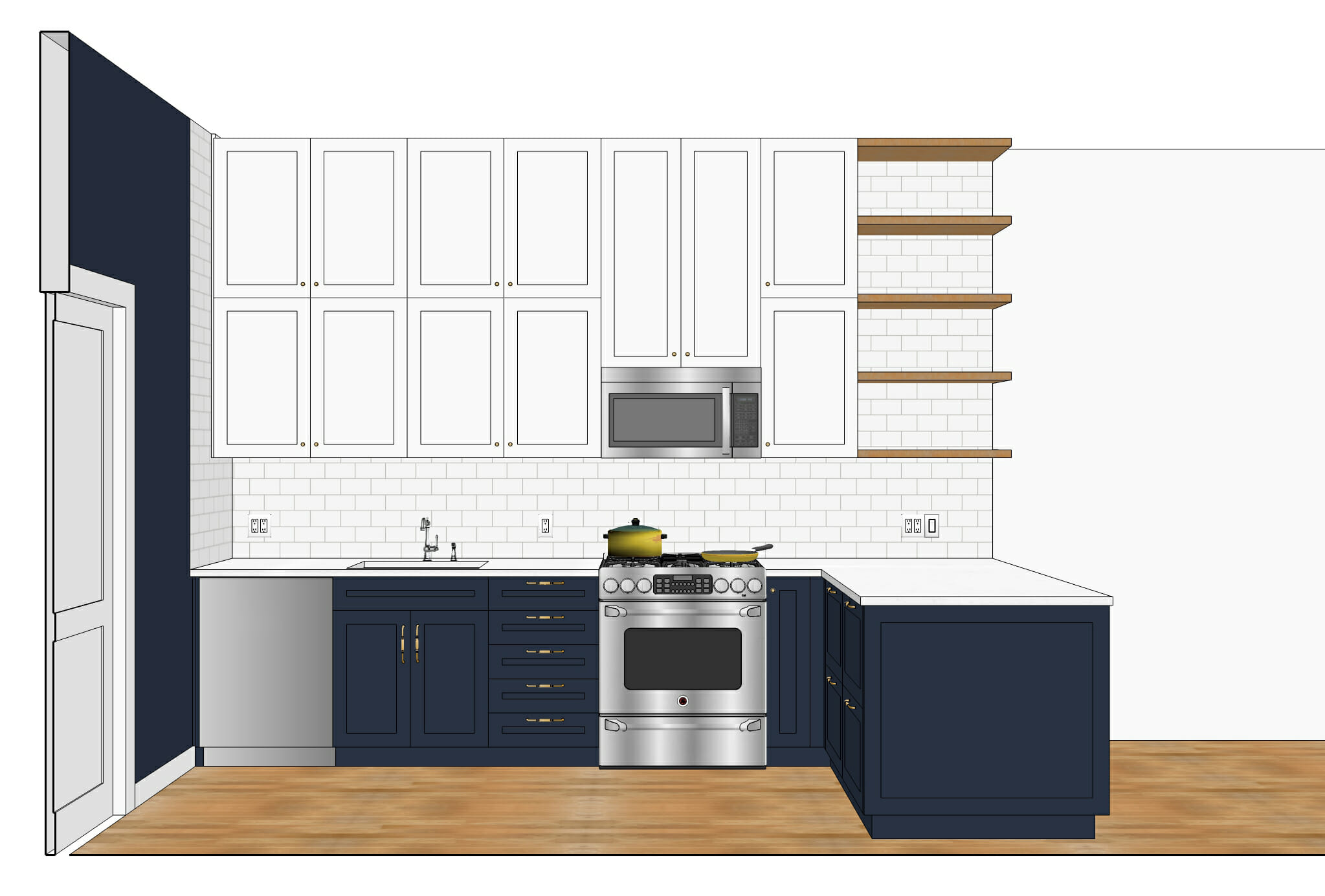 graphic rendering of kitchen with white overhead cabinets and navy blue under counter cabinets and stainless steel cabinets and floating wooden shelves and hardwood floors before renovation