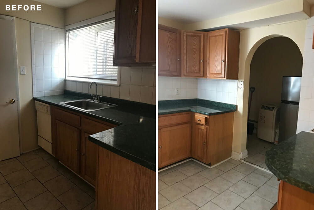 two images of kitchen with maple cabinets and black countertop with undermount stainless steel sink and white appliances and square tiles on floor before renovation