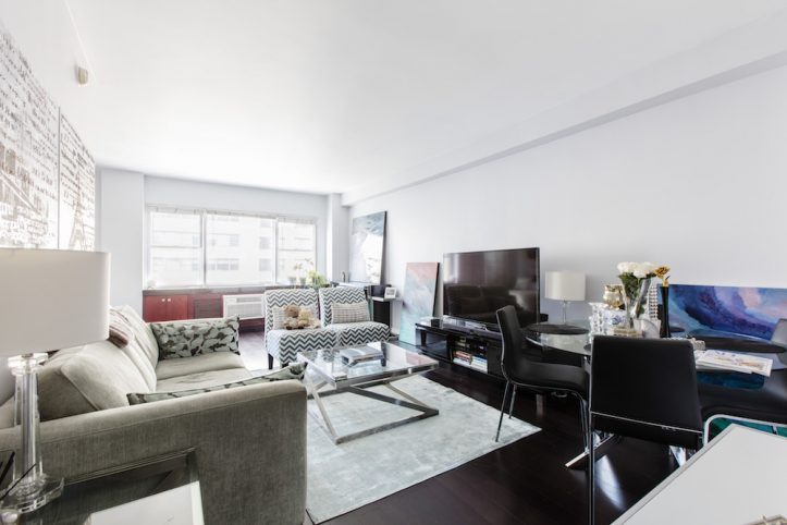 studio apartment renovation, remodel, design, construction, bedroom, Murray Hill, NYC, living area