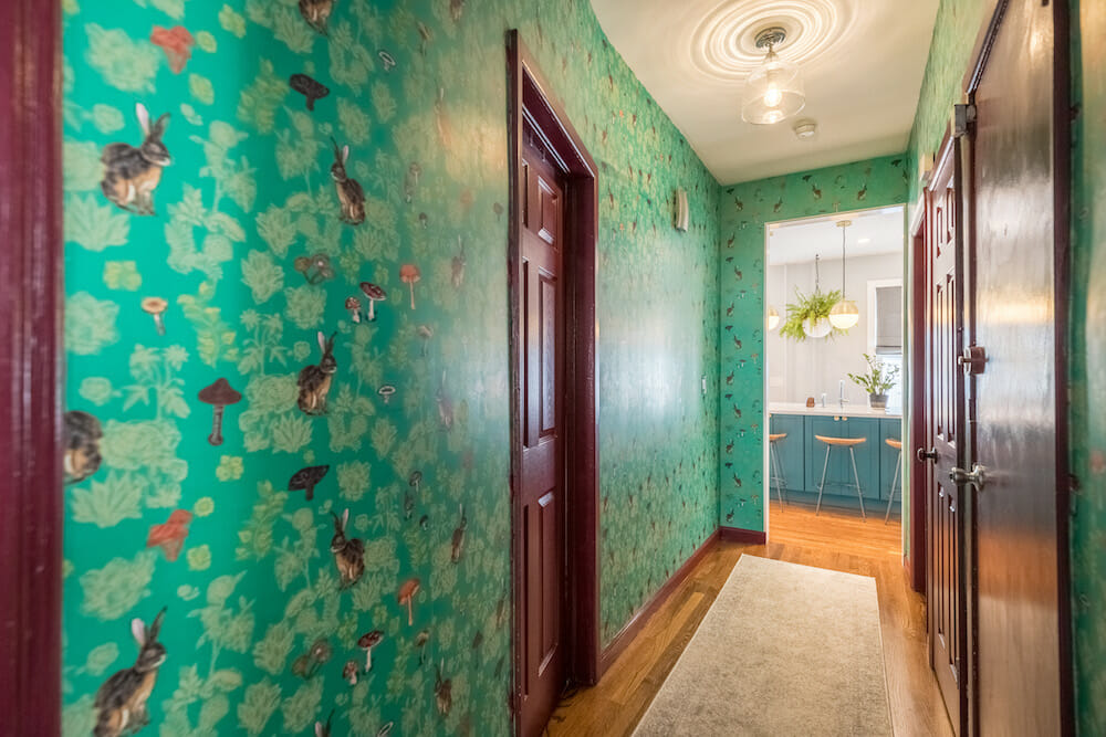 New Jersey, Jersey City, renovation, two family, remodel, one family, hallway, wallpaper, bunny