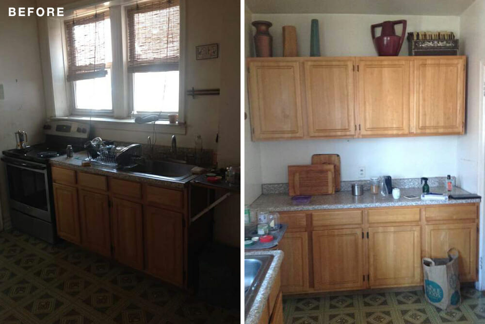 two images of kitchen with oak cabinets and overmount stainless steel sink and patterned floor tiles before renovation