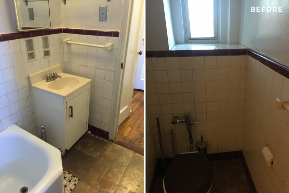 White bathroom tiles with red trim and sink with vanity before renovation