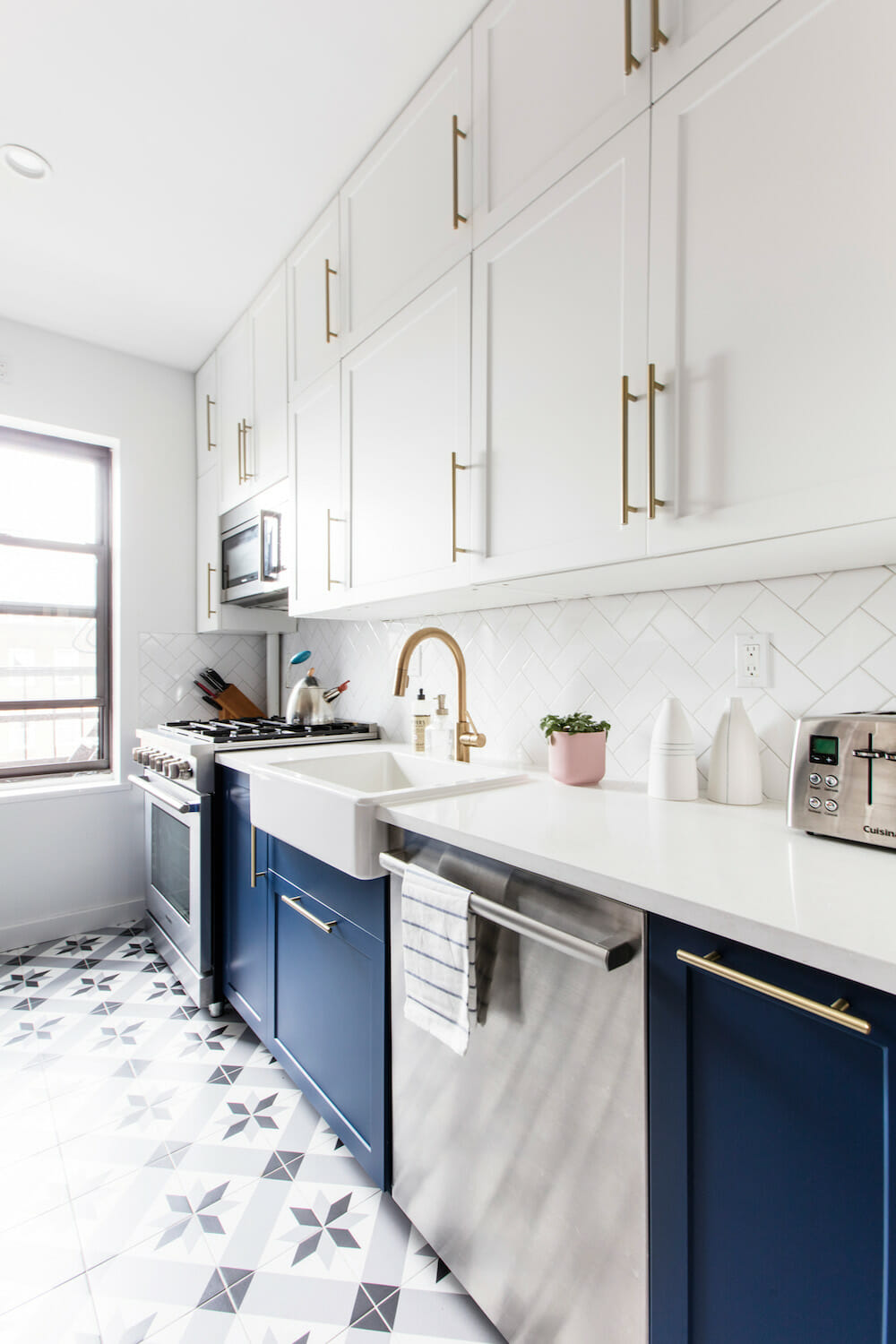 Gold, White, and Blue Kitchen