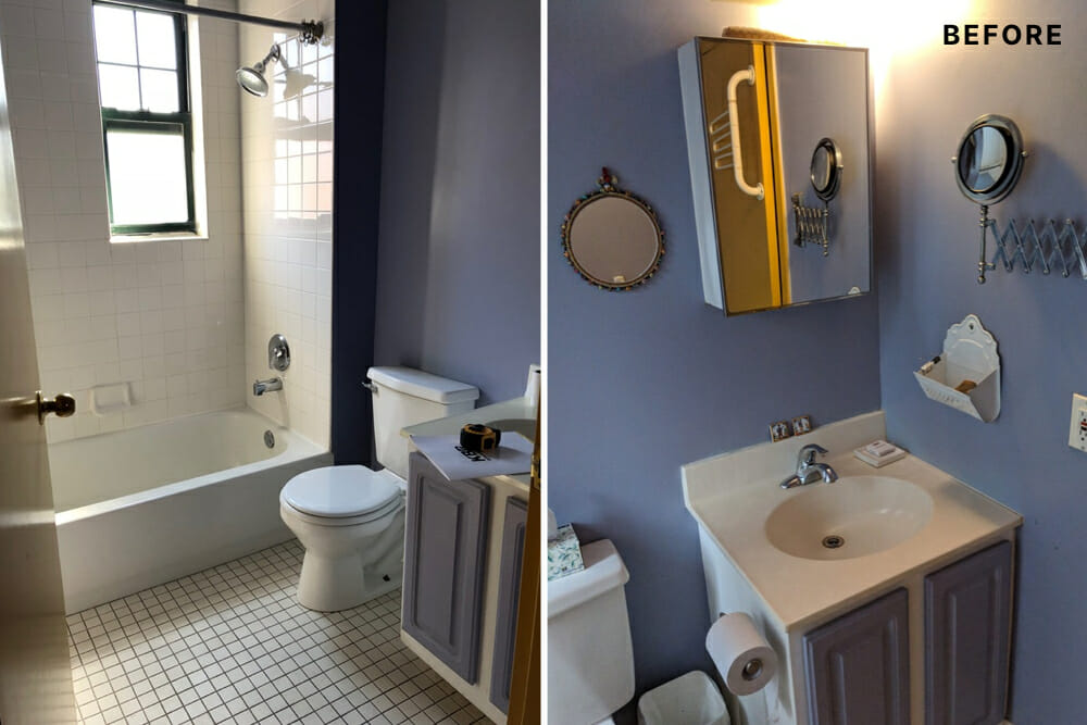 Blue bathroom with bathtub and sink before renovation