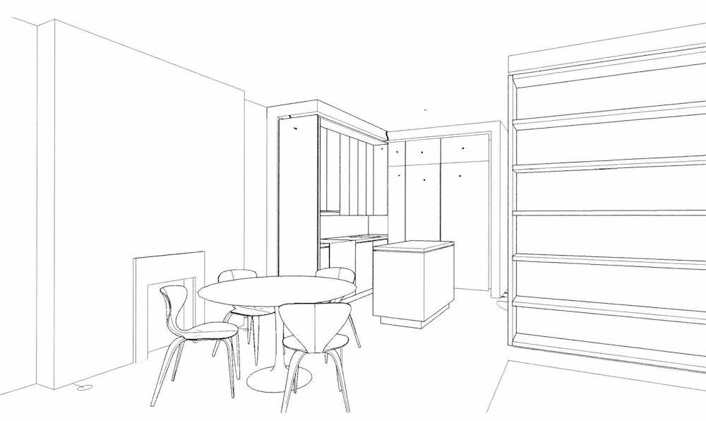 interior design sketch of kitchen and breakfast nook before renovation