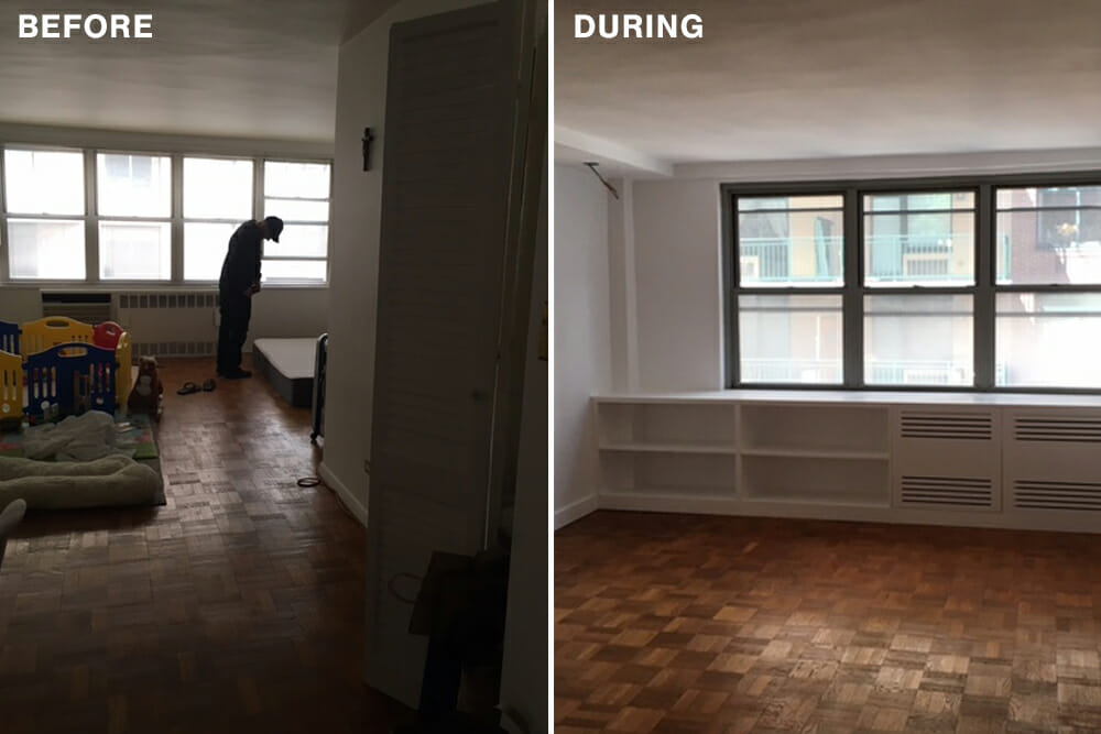 living room before and during renovation