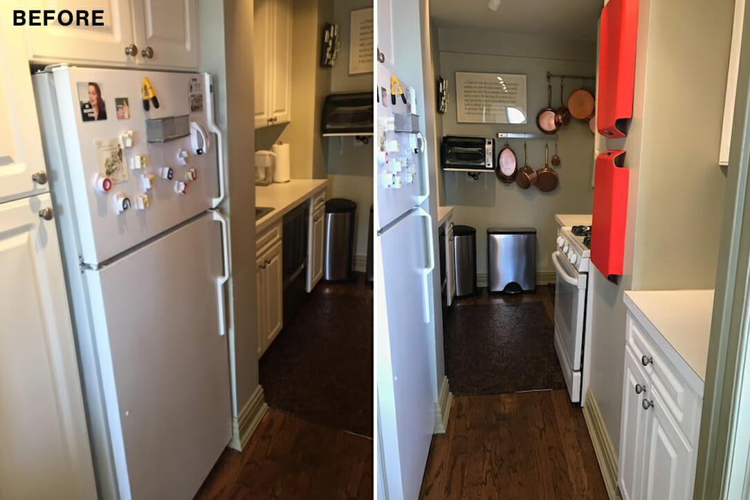 kitchen with white cabinets and hardwood floors before renovation