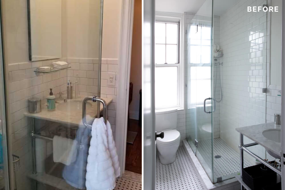 White bathroom with glass doors before renovation