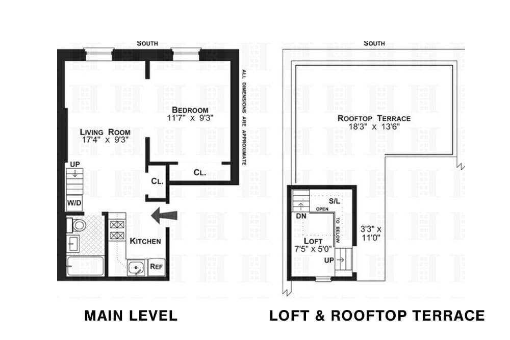 floor plan sketch of the main level and loft and rooftop terrace before renovation