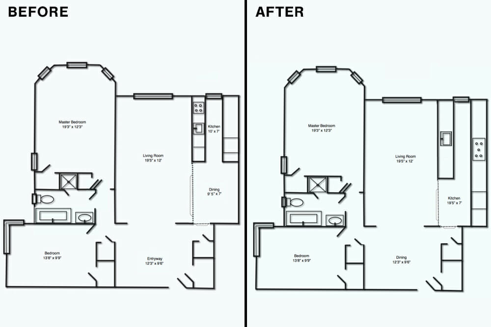 floor plan sketch of a house and renovation changes to the kitchen bathroom before and after renovation