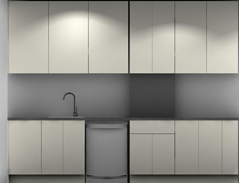 white kitchen cabinets with gray backsplash and faucet and gray dishwasher after renovation