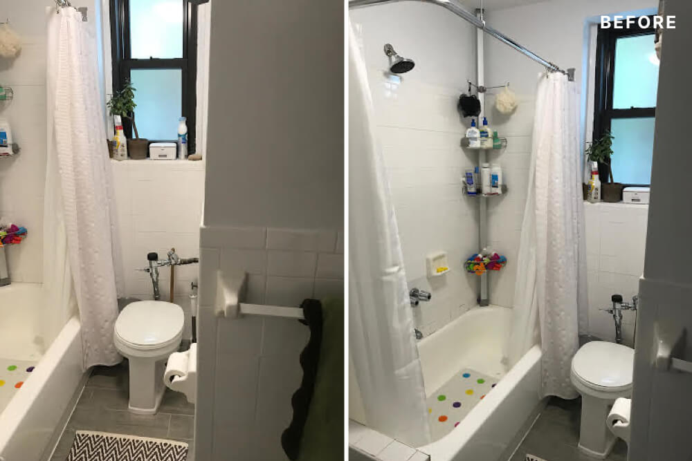 White bathroom with white bathtub and shower curtain before renovation