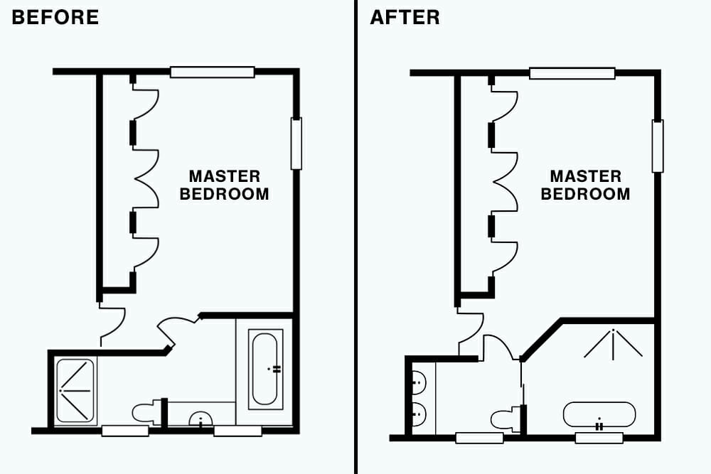 floor plan sketch of master bedroom with attached bathroom and renovation changes in the bathroom before and after renovation