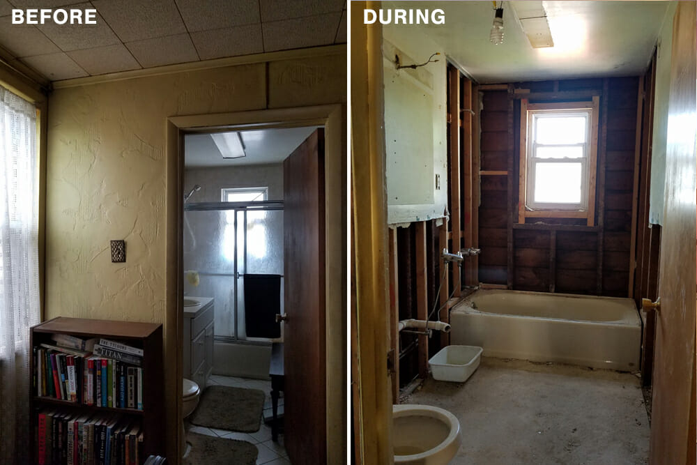 bathroom before and during renovation