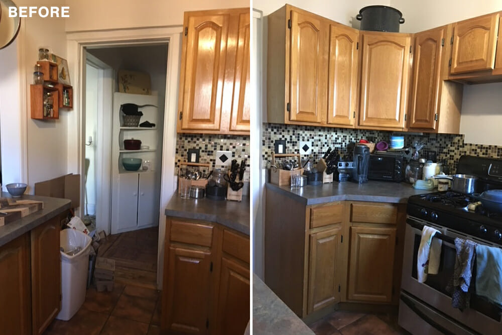 two images of oak kitchen cabinets and gas cooking range and white walls and backsplash tiles before renovation