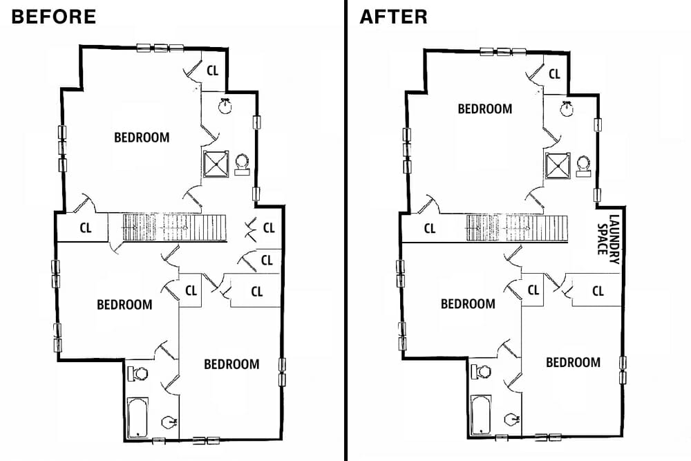 floor plan sketch and design changes before and after renovation 