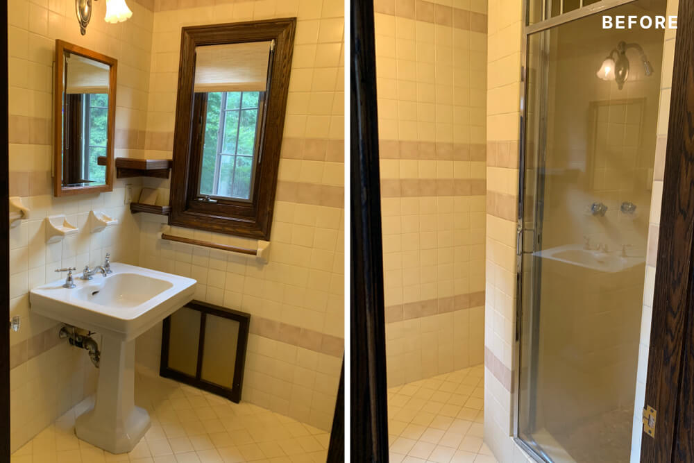 bathroom with pedastal sink and window and standing shower before renovation