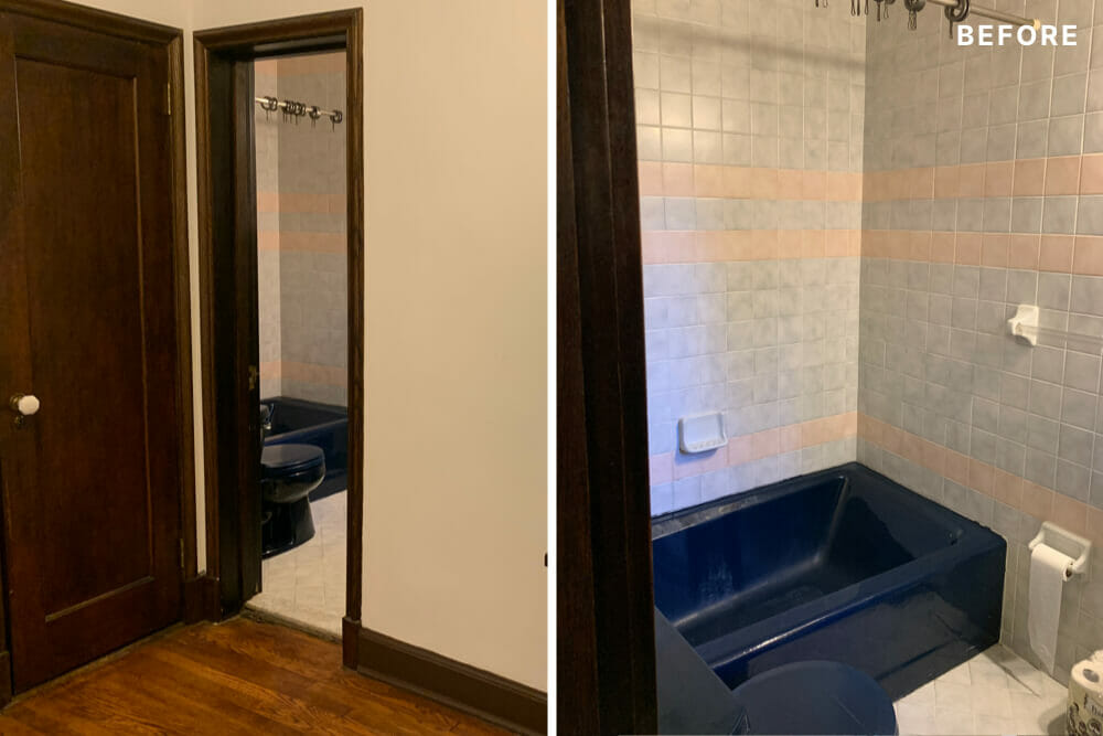 small full bathroom with black bathtub before renovation