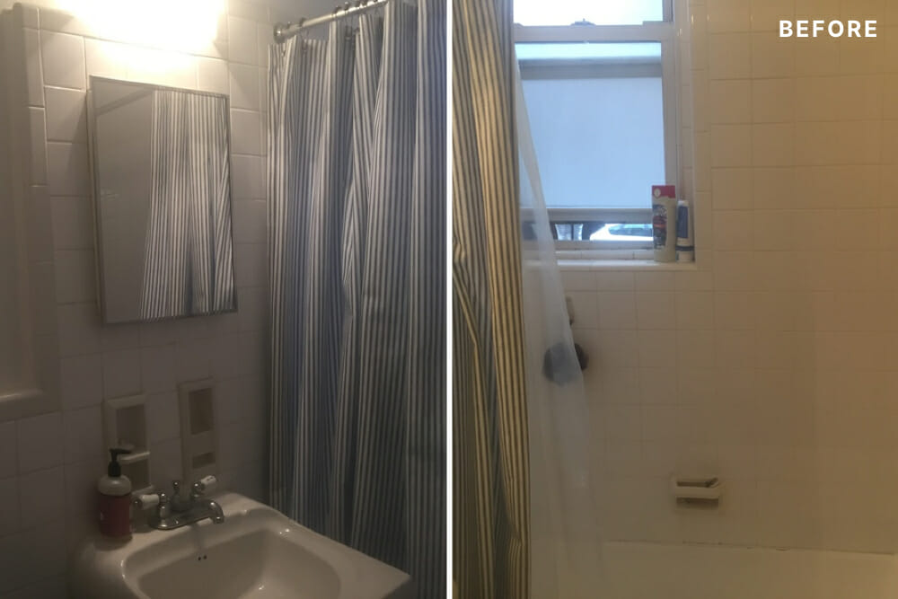 White bathroom with white sink and shower curtains before renovation