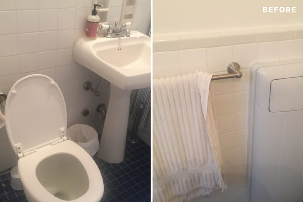 White bathroom with subway tiles and white pedestal sink and toilet before renovation