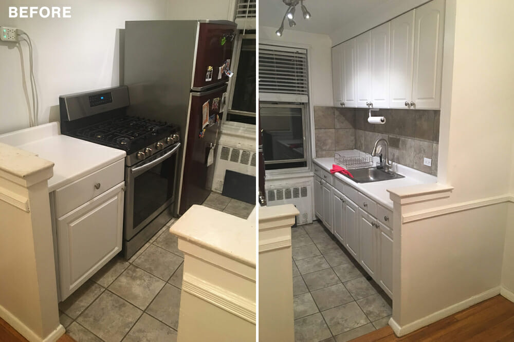 two images of kitchen with half walls and white cabinets and tile flooring and a window above radiators before renovation