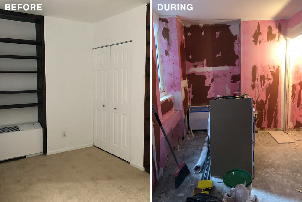 bedroom before and during renovation