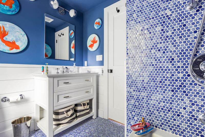 cost of bathroom tile with gradient blue and white penny tile