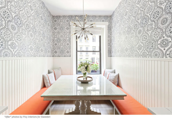 gray patterned walls for large dining tables and chairs with orange benches after renovation