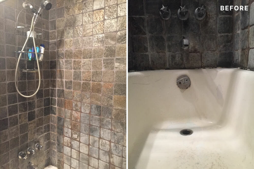 bathtub with square brown wall tiles and nickel fixtures before renovation