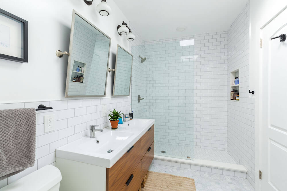 doorless walk in shower with double vanity sinks
