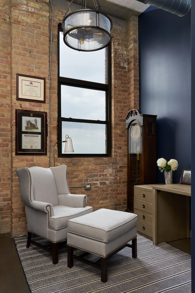 home office with brick walls in a Chicago loft renovation