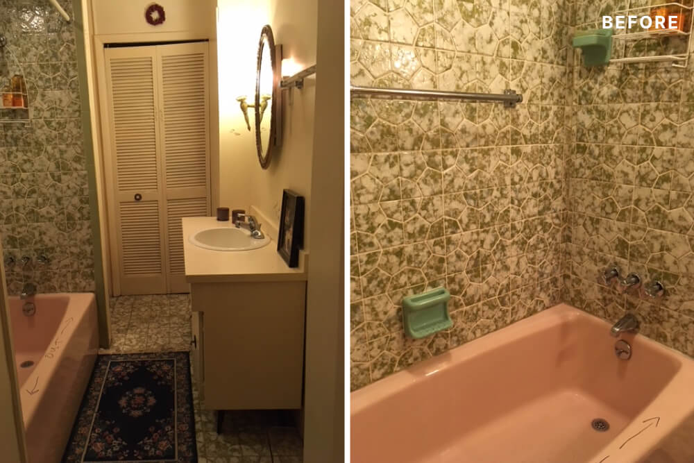 pink bathtub in a bathroom with green speckled tiles on wall before renovation