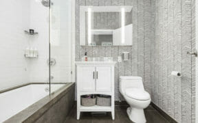 wallpaper bathroom with slate looking tile