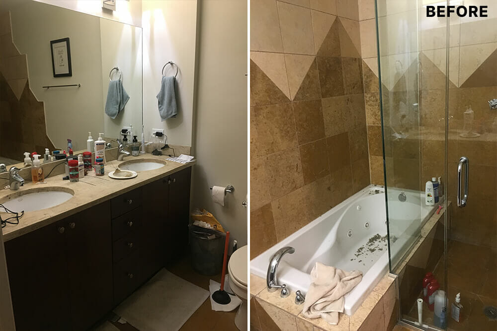 two images of a bathroom with double vanity with mirror and a bathtub before renovation