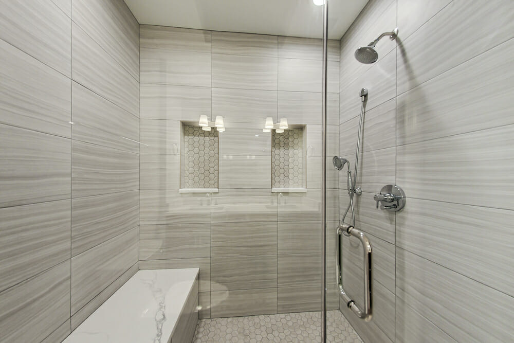 Renovated bathroom in Bucktown, Chicago with large walk-in shower 