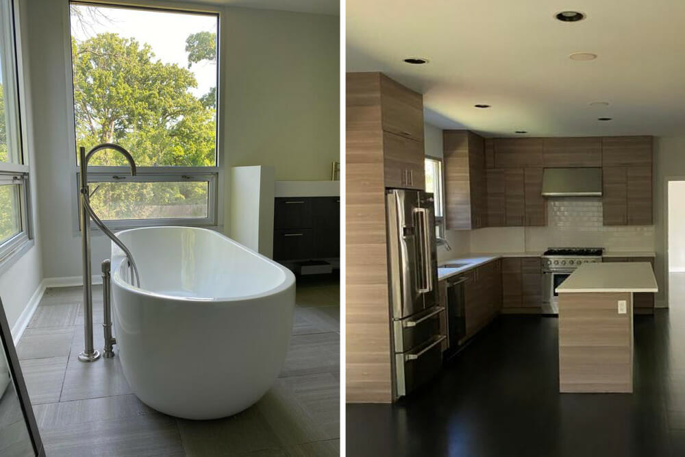 Image of a bathroom with white bathtub and a kitchen with an island