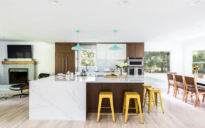 open plan with kitchen LR DR in East Hampton renovation