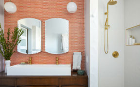 orange penny tile wet room bathroom