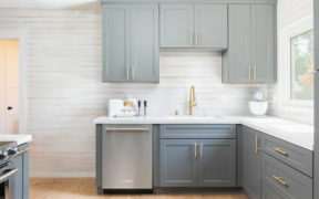 blue shaker cabinets with white washed walls